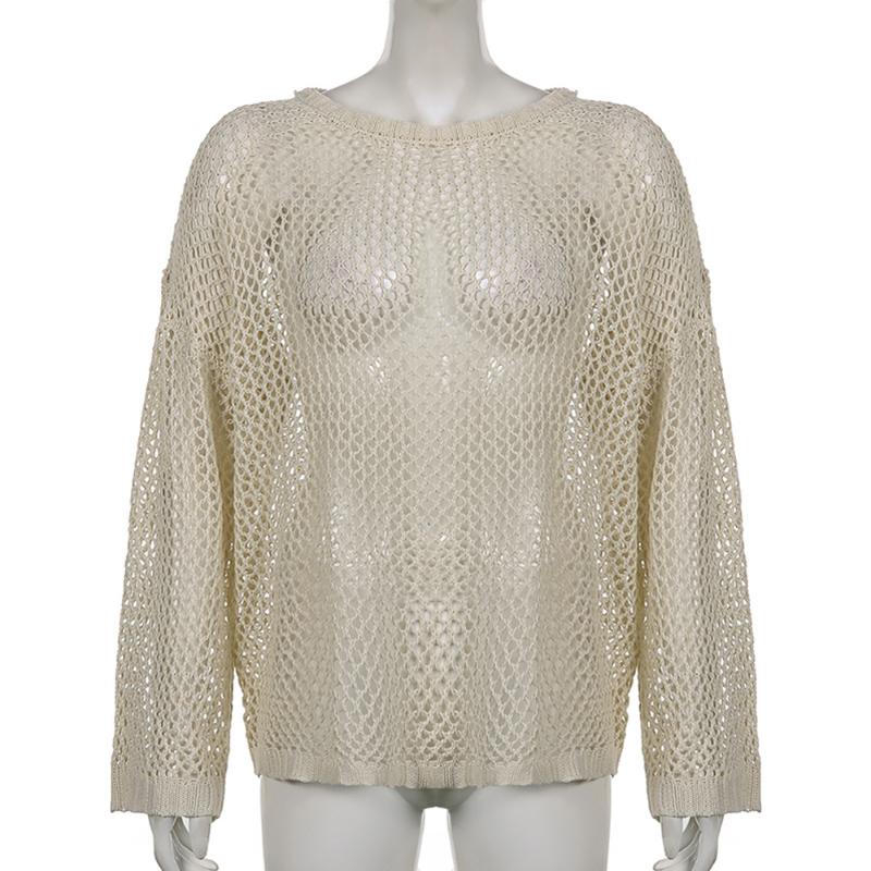 Уличная одежда, пуловер, женский винтажный повседневный вязаный свитер, футболка с длинным рукавом Y2K, ажурный халат, топы, свободные пуловеры, модная футболка