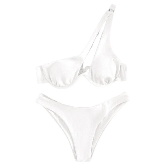 2Pcs/Set Women Sexy Bikini Set Solid Color One-shoulder Bra High Waist Briefs