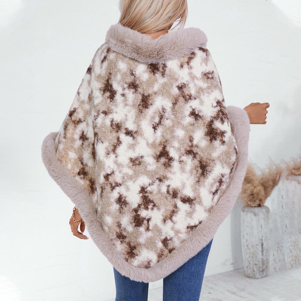 Women's Casual Poncho Faux Fur Shawl Wrap Cape with Faux Fur Trim Winter Sleeveless Cloak Coat Warm Pullover Luxury Knitted Sweater Poncho for Women
