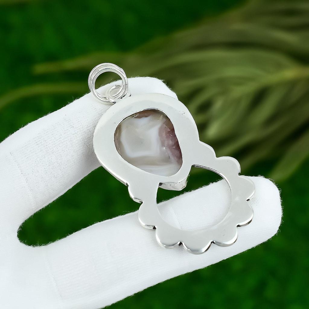 Pear Natural Mexican Laguna Lace Agate 925 Silver Bezel Wedding Pendant Jewelry