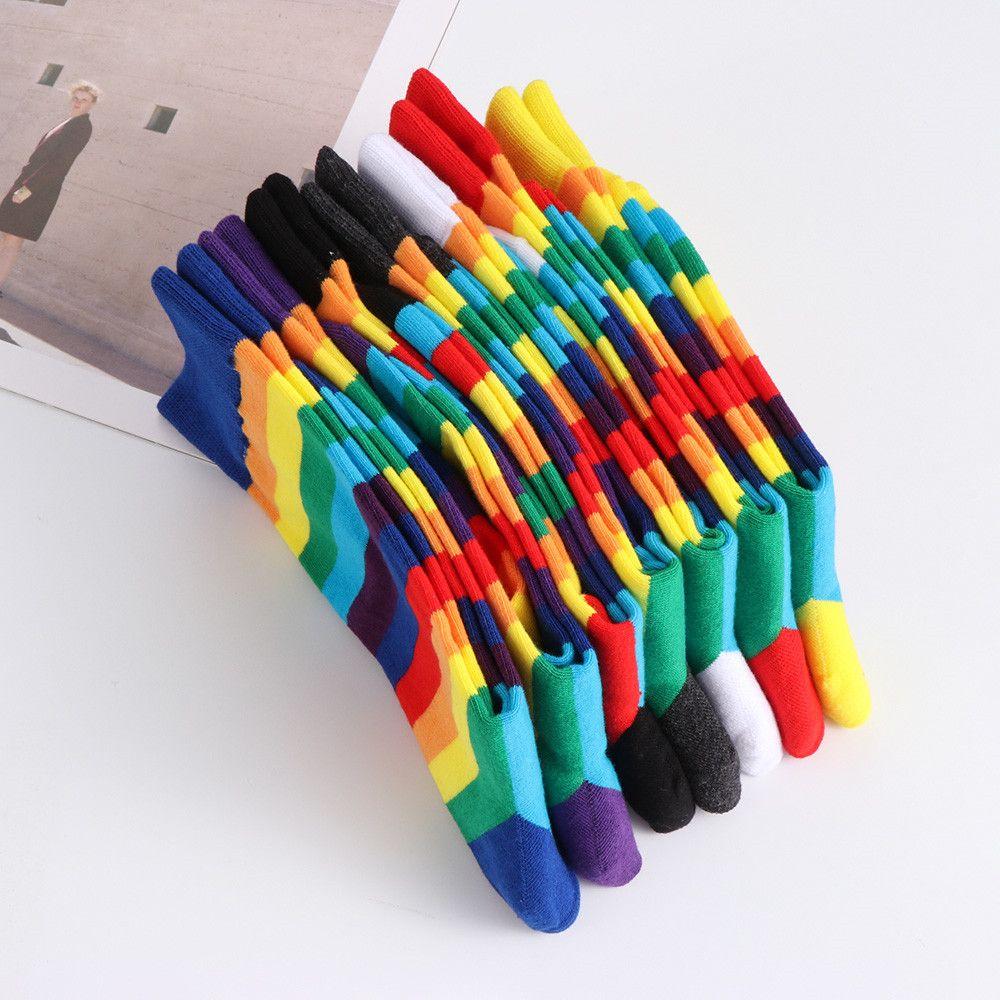 Street Skate Casual Sports Elasticity Sweat Retro Harajuku Long Sock Cotton Socks Rainbow Striped