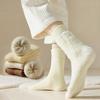 1 Pair Women Winter Socks Solid Color Ribbed Cuffs Thickened Plush Lining Sleeping Socks Autumn Winter Daily Wear