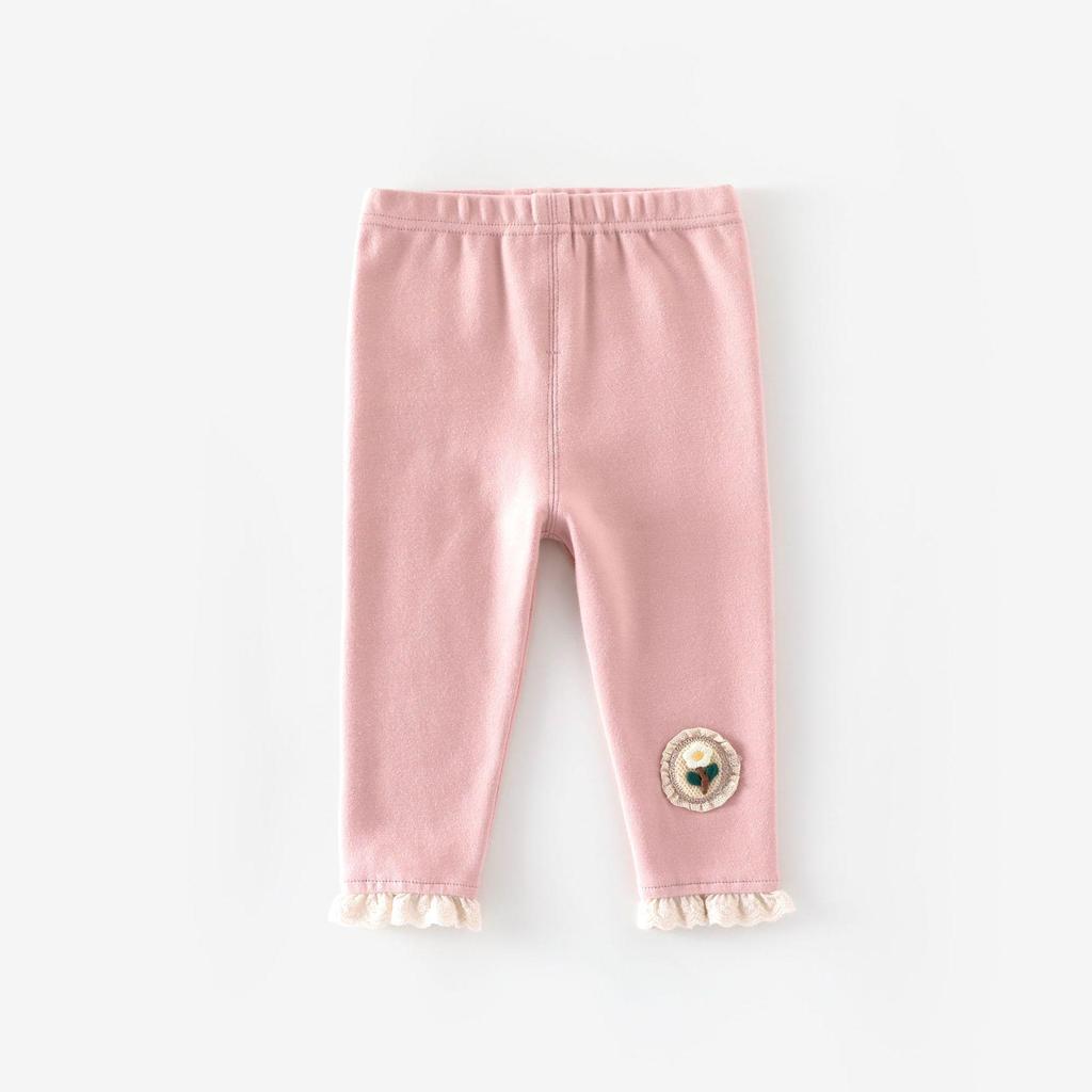 Осень 2025 Леггинсы для девочек: Цветочная аппликация, кружевная отделка, однотонная для младенцев и детей