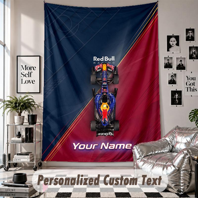 Wall Hanging Tapestry With Custom Name & Text, Red Bull Racing Decorative Tapestry For Bedroom