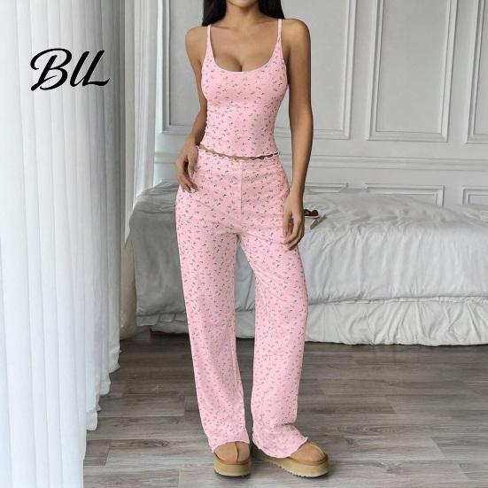 Relaxed Fit Summer Nightwear Women Pajamas Set with Floral Print, Sleeveless U Neck Skin Friendly Sleepwear for Dormitory Camisole And Pants,