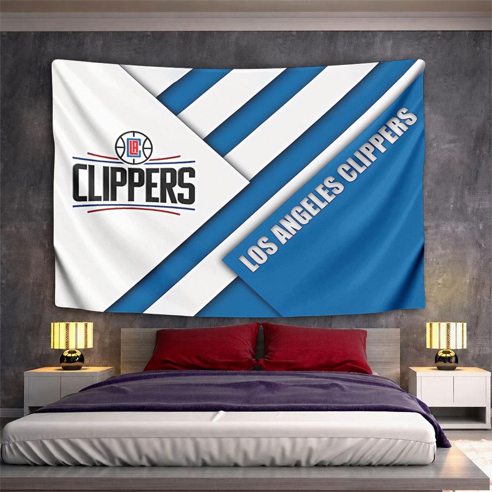 Diagonal white and blue stripes with "Los Angeles Clippers" text and logo. Patterned tapestry for bedroom and living room home decor