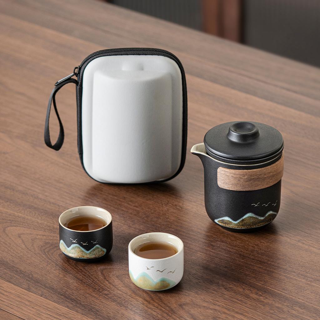 New Chinese-style Aoyama Flying Bird Kuaike Cup, one pot and two cups, portable tea set, leather storage bag, business gift.