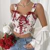 Women's Retro Printed Camisole Vest Female Summer Lace Up Shaping Corset Fashionable and Elegant Tank Top
