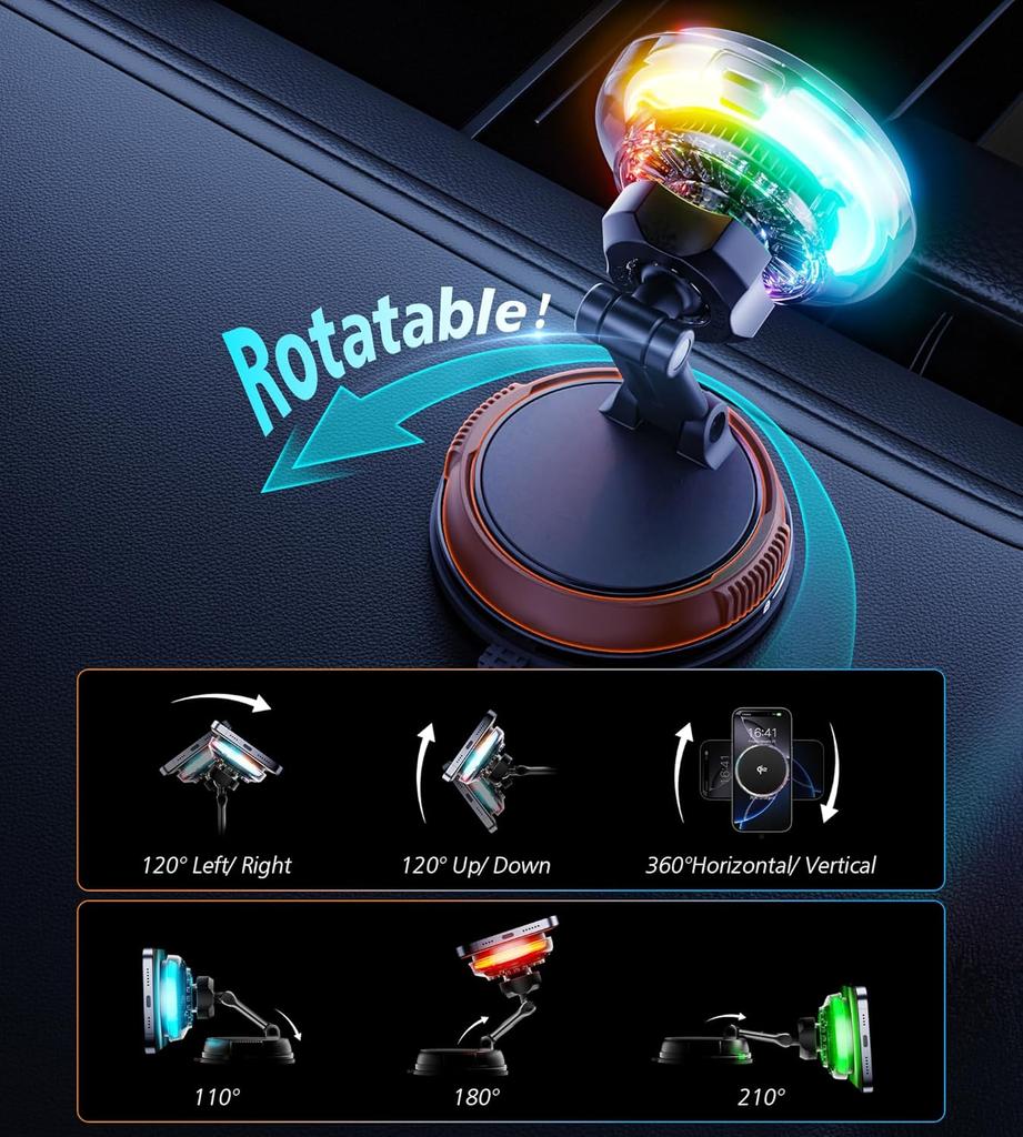 QI2 Охлаждающий RGB Магнитное Беспроводное Автомобильное Зарядное Устройство Быстрая Зарядка Радиатор Вакуумная Присоска Для Magsafe iPhone 12-17 Держатель Телефона