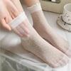 Women's Summer Thin Breathable Wave Point Wooden Ear Border Clear Ice Silk Lace Medium Tube Crystal Socks
