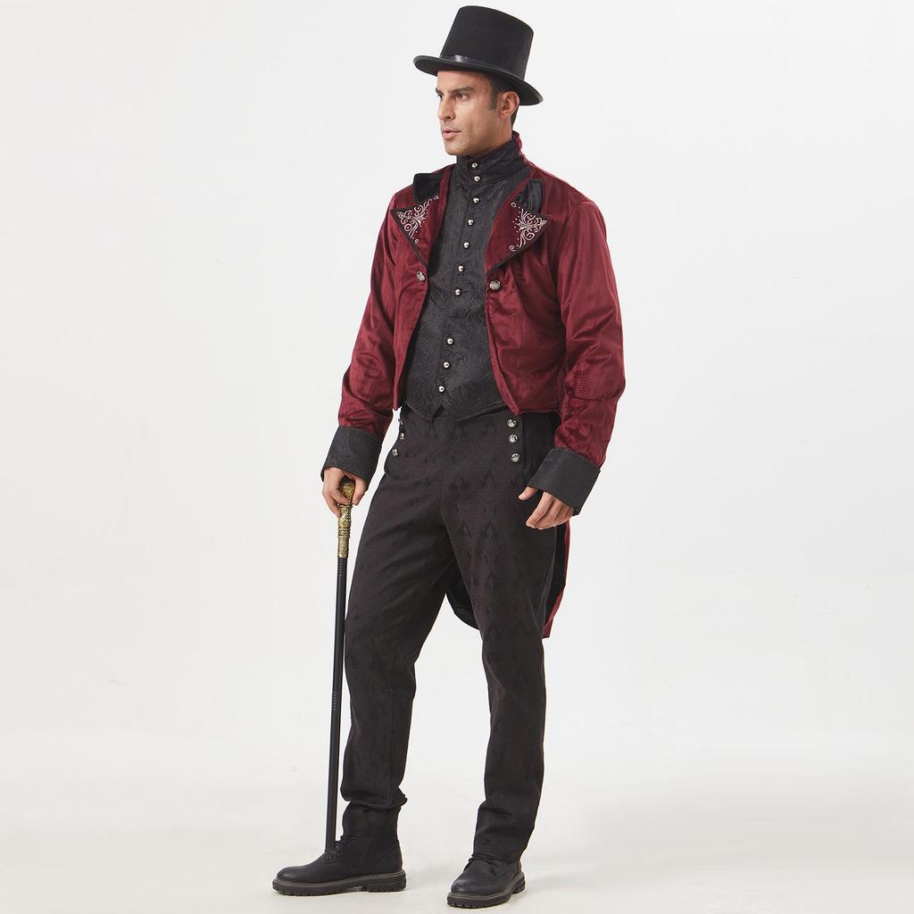 Мужское бордовое пальто средней длины в стиле ретро-панк со стойкой (Издание 2025 г.)
