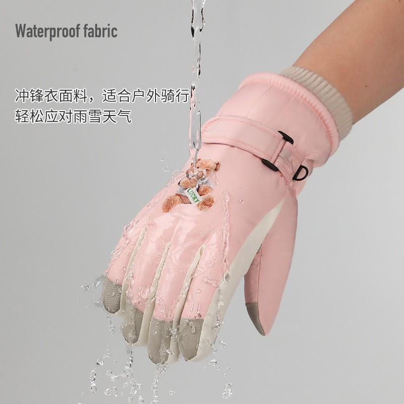 Womens Winter Ski Gloves Warm Fleece Lined Waterproof Windproof Touchscreen Outdoor Riding Anti-Slip Bear Design