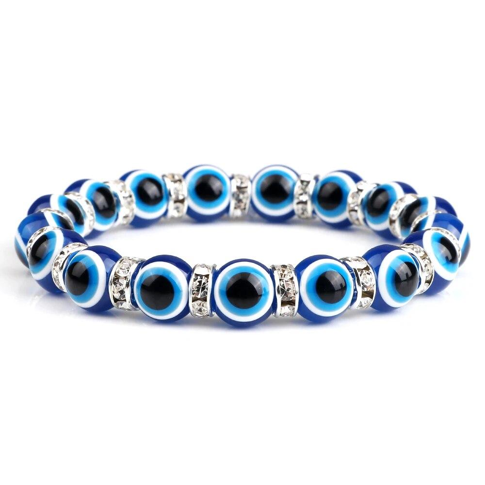 10mm Lucky Blue Evil Eye Bracelet Palm Butterfly Owl Elephant Pendant Charm Crystal Resin Beaded Bracelets for Women Men Jewelry