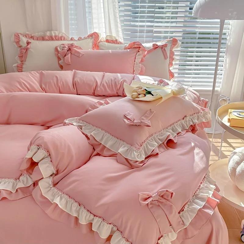 Spring Green Princess Bedding Set Double Layer Lace Bow Quilt Cover Sheet And Pillowcase Simple Pastoral Girl Home Textiles