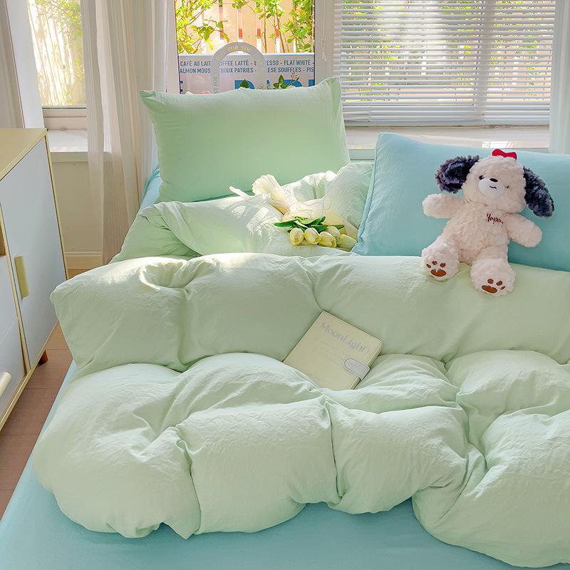 Washed Cotton 4-Pcs Set Class A Maternal Infant Grade Solid Color Single Quilt Set, Bed Sheet 4-Pcs Set, Small Fresh 3-Pcs Set