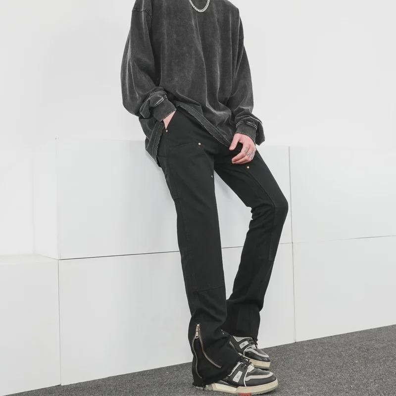 Мужские модные джинсы с необработанным краем и молнией: Узкие, прямые, расклешенные рабочие брюки в американском уличном стиле.