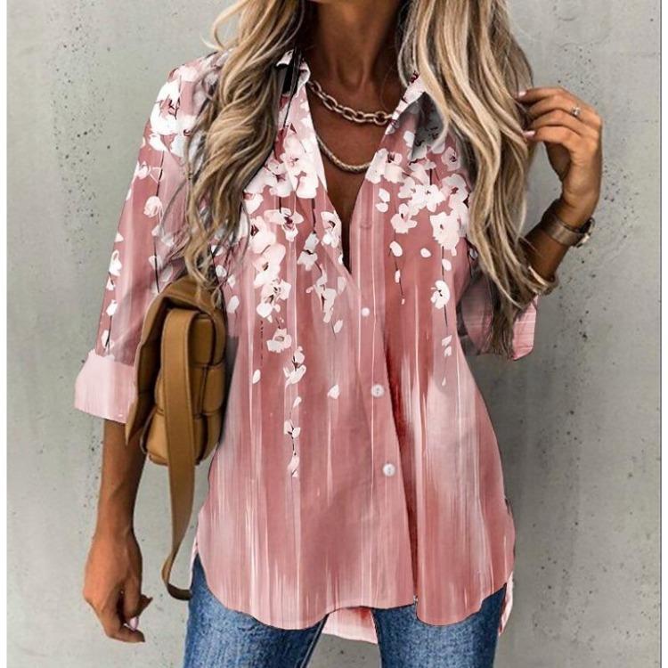 New Fashion Floral Print Plus Size Long Sleeve Womens Blouse