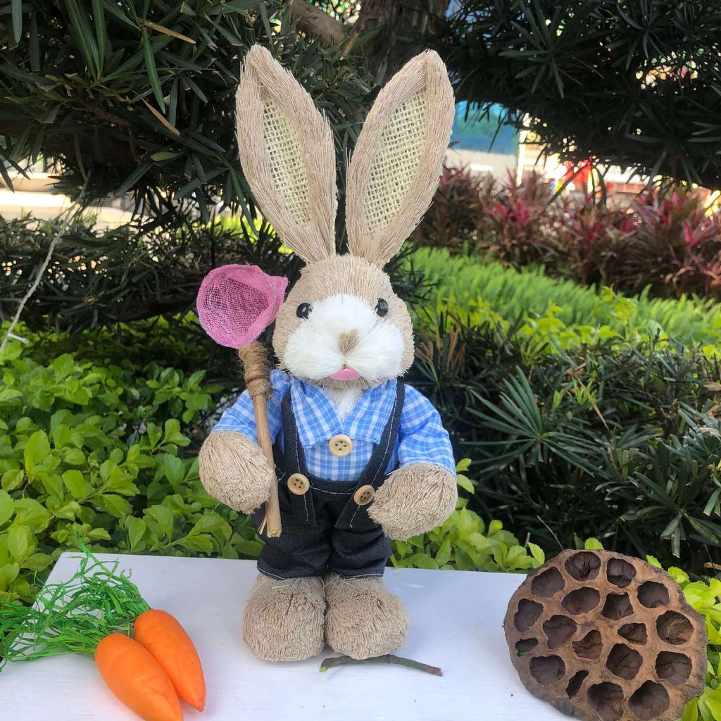 35cm Easter Straw Rabbit Woven Bunny Easter Decoration Sculpture Yard Party Home Easter Ornament Statuette Decoration