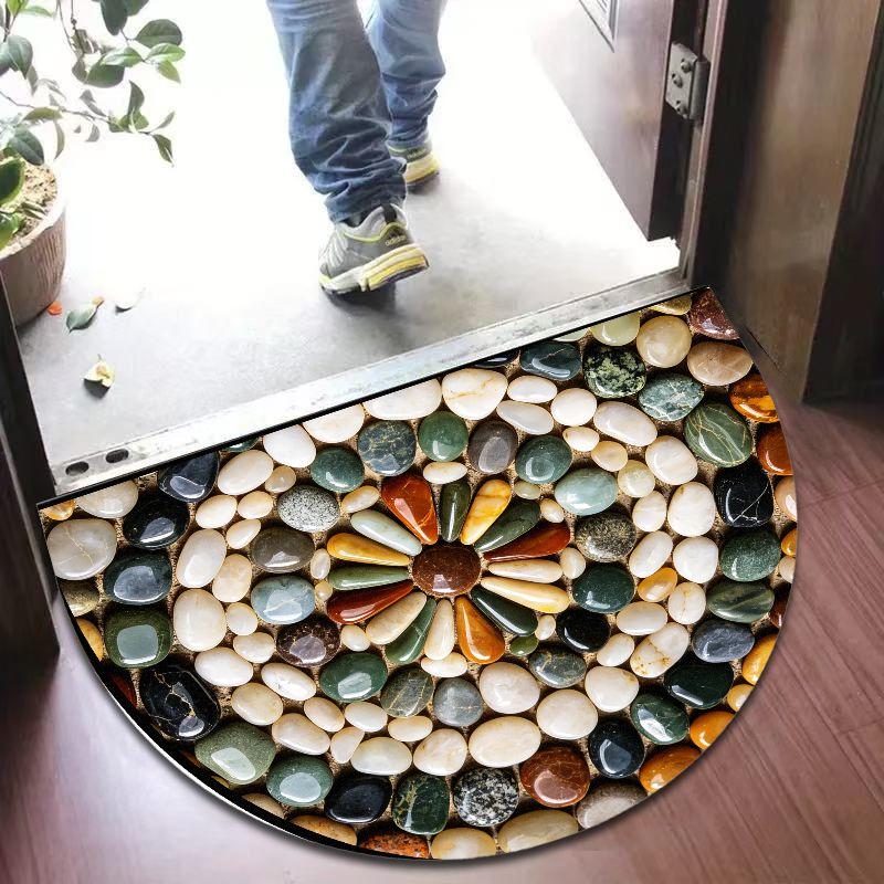 Colorful Pebble Semi-Circle Mat – Nature-Inspired Stone Mandala, Non-Slip Bathroom Rug