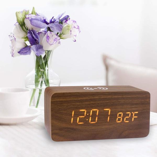 2025 Sound Control LED Digital Alarm Clock Wooden Design Thermometer Qi Wireless Charging Pad Desk Clock