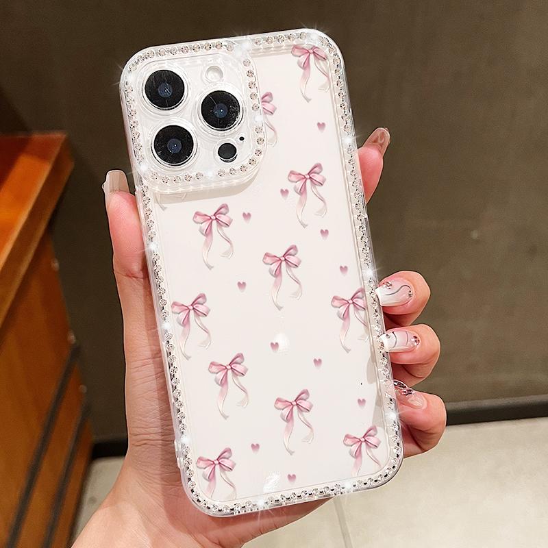 Bowknot Pattern Clear Silicone Phone Case For iPhone 16E 16 Pro Max 15 Pro 14 13 12 11 Diamond Frame Shockproof Soft Bumper Cover