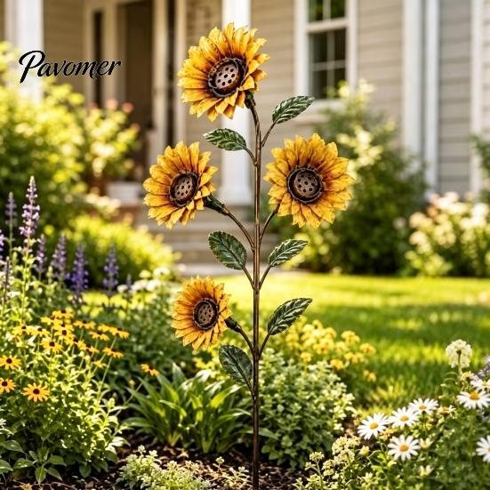 Decorative Lawn Stakes Vintage Sunflower Hummingbird Feeder, Metal Garden Stake Water Station, Bird Watching Gifts for Gardeners Floral Feeding
