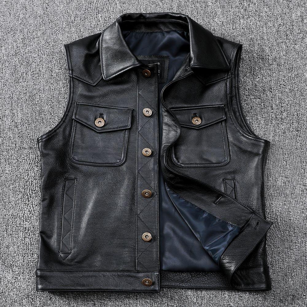 Tough Guy Motorcycle Leather Vest Pure Head Layer Cowhide Leather Vest Lapel Short