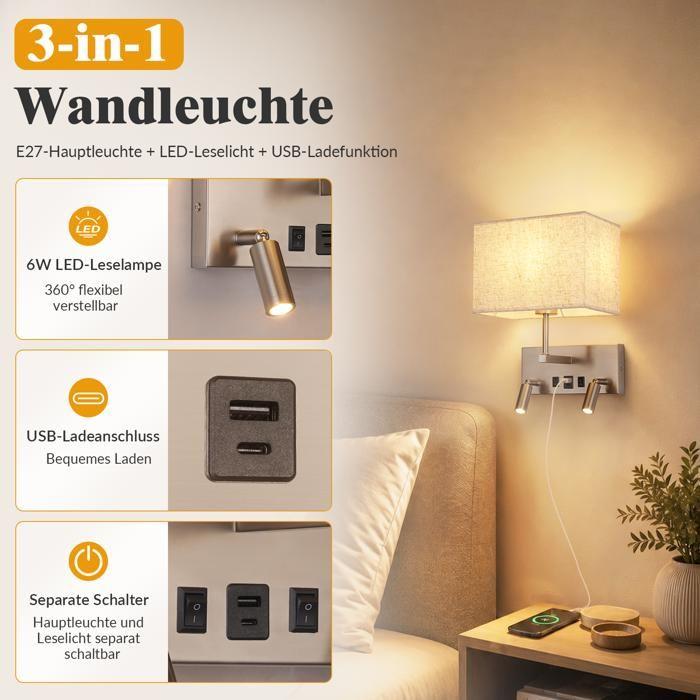 Applique murale - NETTLIFE - E27 abat-jour tissu - USB-A/USB-C - 2 LED orientables 360° - Métal blanc