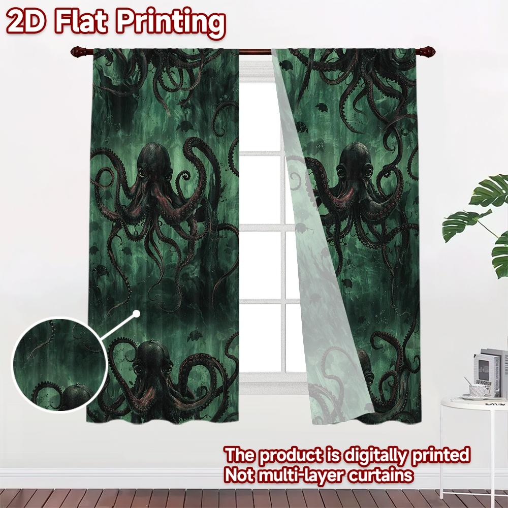 2D FLAT PRINTING 2pcs Curtains (Without Rod) Underwater Octopus Scene Modern Fashionable Curtains Versatile Polyester Fabric