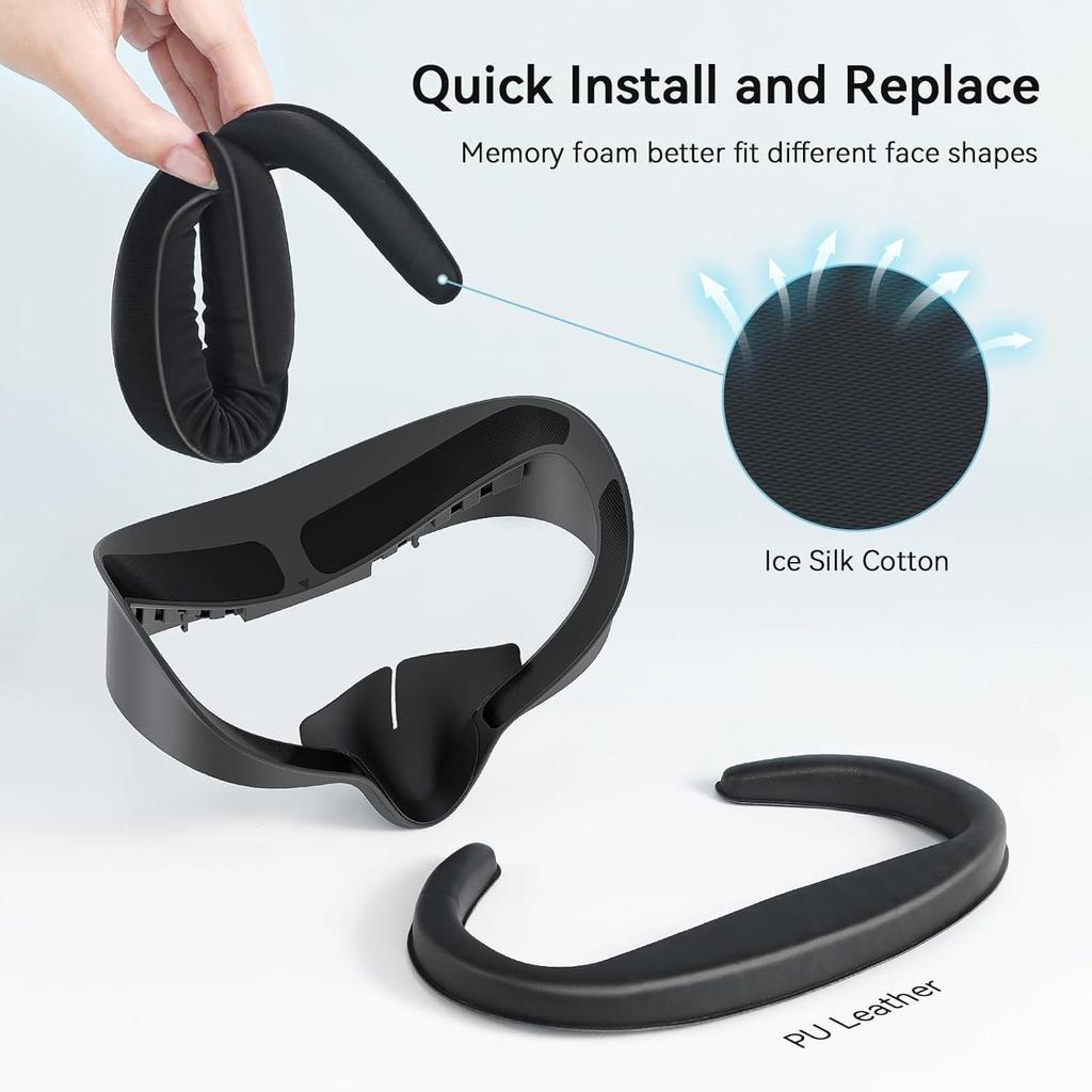 AMVR Q3SFC1 Elite Face Cover for Meta Quest 3S (Wide Forehead Edition) – Includes 1 Ice Silk Pad, 1 PU Leather Pad, Glasses Spacer & Height Riser