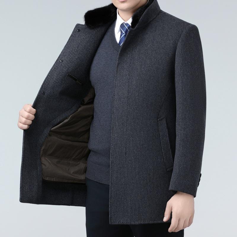 High-end Cashmere Coat for Men, Medium-length Double-sided Woolen Mink Stand-up Collar, Down Bile Business Middle-aged Dad Winter Coat