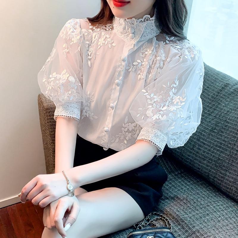 Белая кружевная рубашка с рукавами-фонариками в стиле ретро, модная женская элегантная шифоновая блузка с вышивкой, женские сетчатые летние топы Mujer Blusas 25068