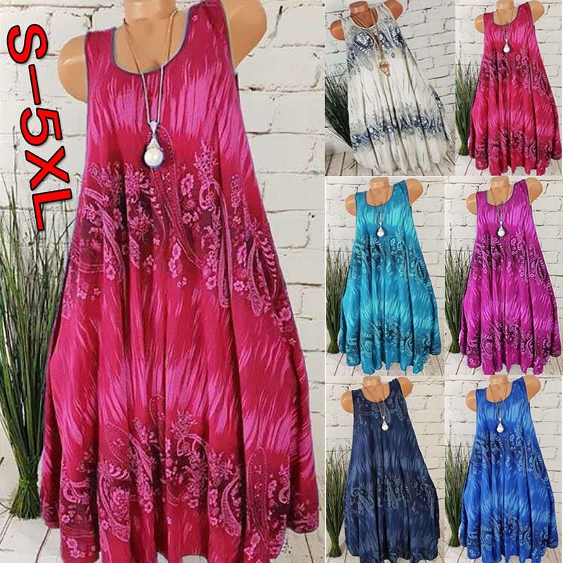 Удобное женское летнее миди-платье без рукавов с цветочным принтом большого размера для повседневной пляжной носки