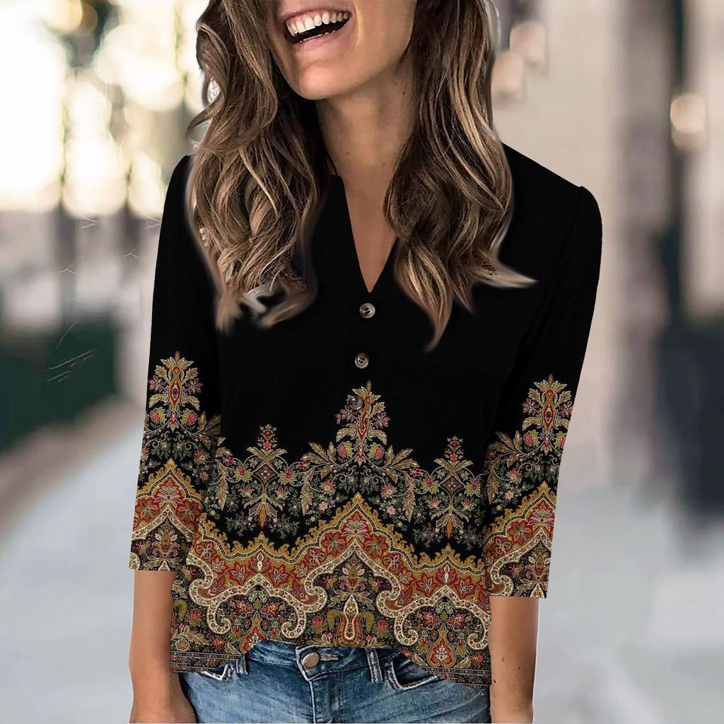 Women's Fashion Casual Loose 3/4 Sleeve Printed Round Neck Top