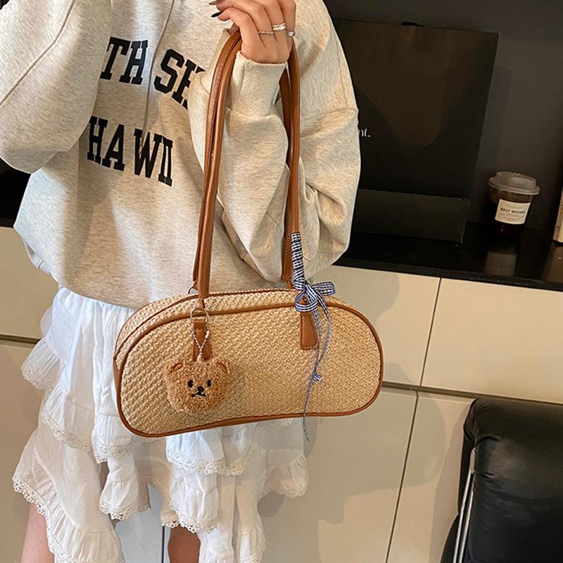 Yogodlns Весенняя новая простая летняя пляжная сумка через плечо с бантом для поездок на работу и отдыха, универсальная плетеная соломенная сумка подмышкой для женщин