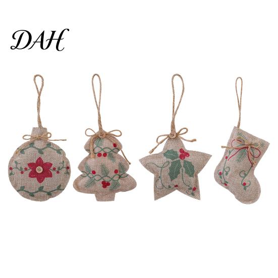 Winter Wonderland Window Display Decor Burlap Christmas Ornaments, Rustic Linen Fabric Hanging Decoration, Tree Ball Stocking Star Shaped Vintage