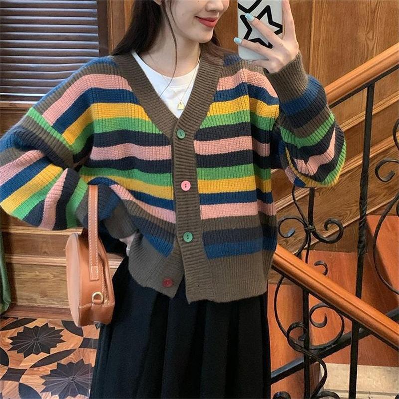 Радужный полосатый свитер женский осенне-зимний свободный жакет дизайн Sense Lazy Wind вязаный кардиган Tide удобный универсальный и модный