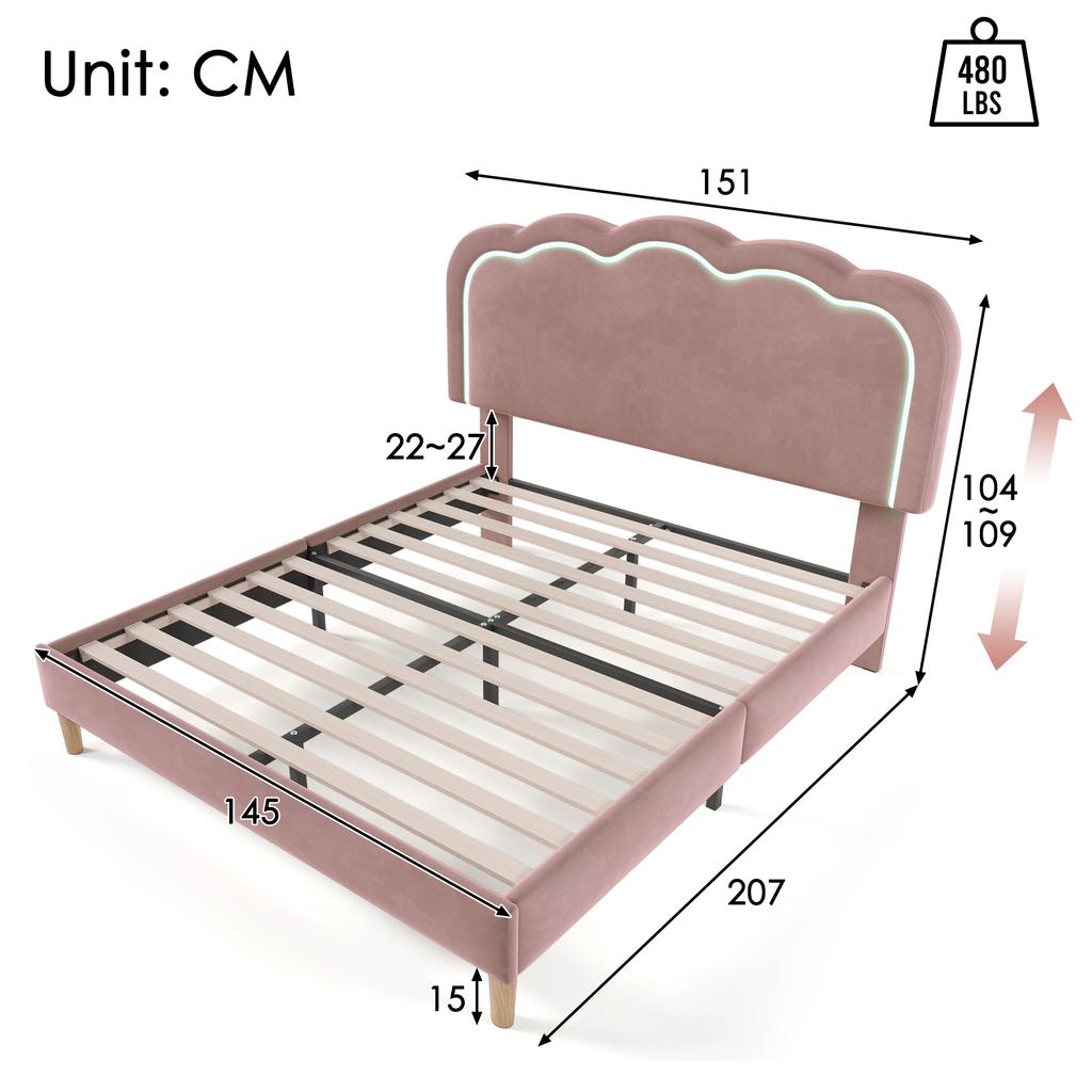 Upholstered Bed LED Double Bed 140 x 200cm, Bed Frame with Slatted Base and Adjustable Headboard, in Pink, Youth Bed for Bedroom Guest Room-Velvet