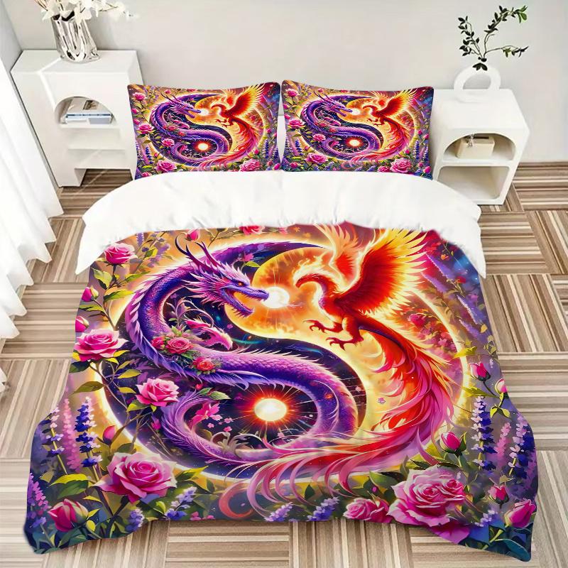 3pcs Dragon and Phoenix Dance Amidst Flowers and Light Pattern Bedding Three-Piece Set (1 Cover + 2 Pillowcases, No Fillings), This Printed