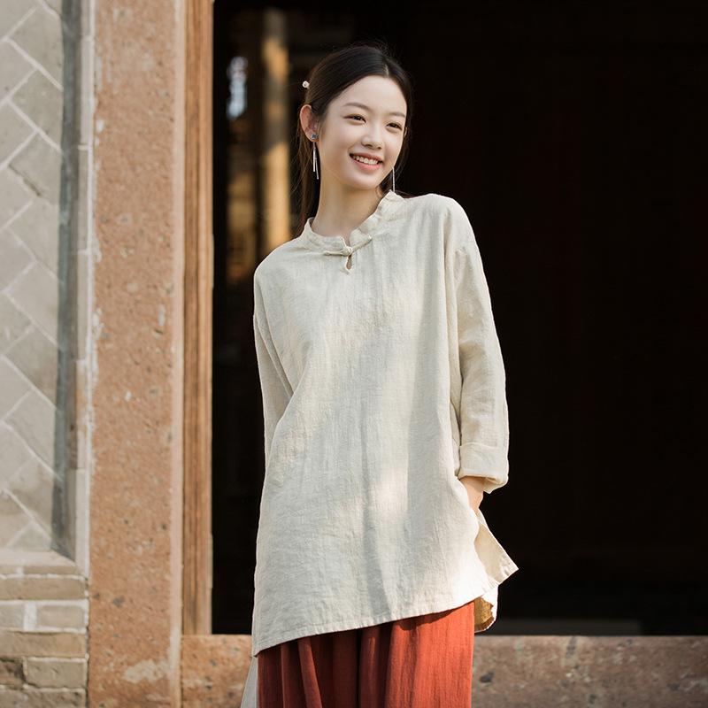 Johnature Женские винтажные рубашки, топы с длинным рукавом, китайский стиль, осенние блузки, однотонные рубашки-стойки