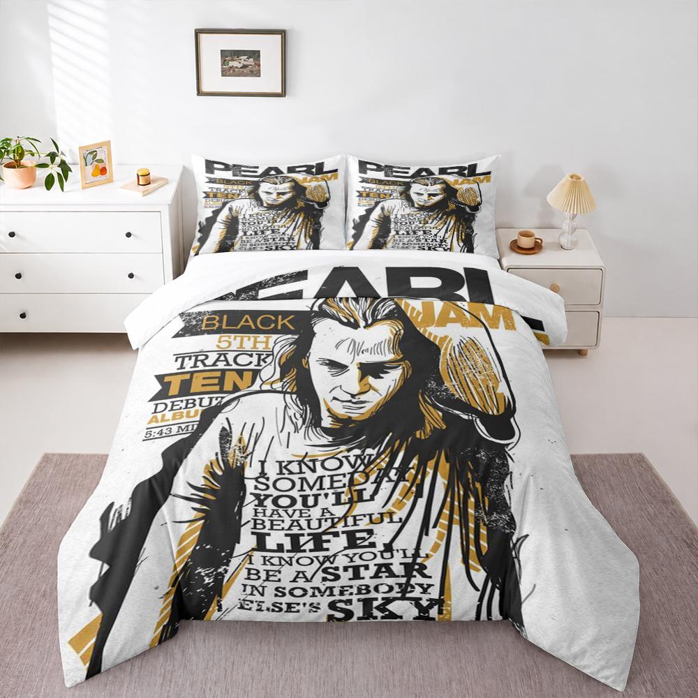 3 Piece Bedding Set with Duvet Cover and 2 Pillowcases - Pearl Jam Black Lyrics Eddie Vedder Print - Gold Poster Decor