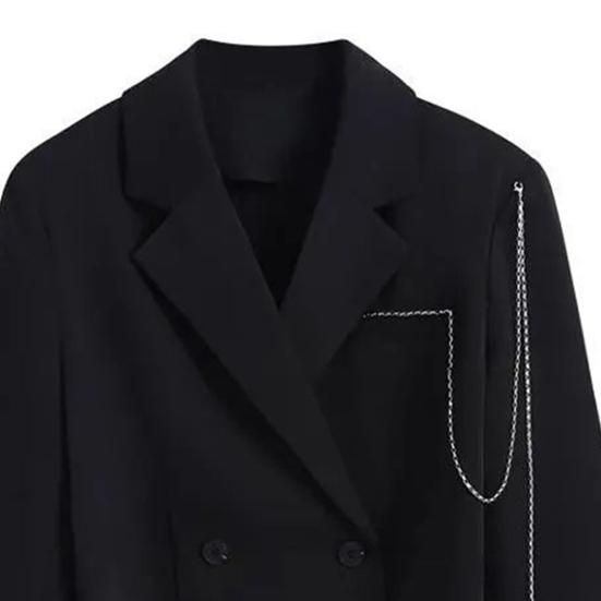 Women Short Suit Coat Double-breasted Chain Decor Long Sleeve Cardigan Lapel Notch Collar Loose Solid Color Thin Formal Business Style Lady Jacket