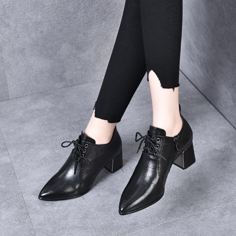 New Women's Mid-heel Lace-up Leather Shoes Genuine Leather Deep-mouth Soft Leather High Heels