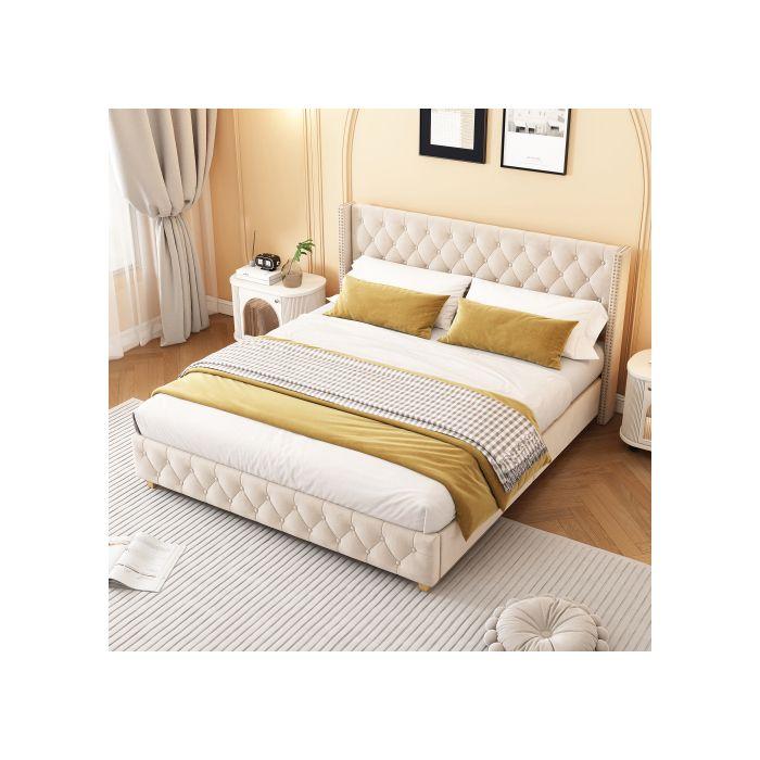 Lit - MUVOE - 180x200 cm - Rembourré - Tête de lit avec boutons - Beige clair