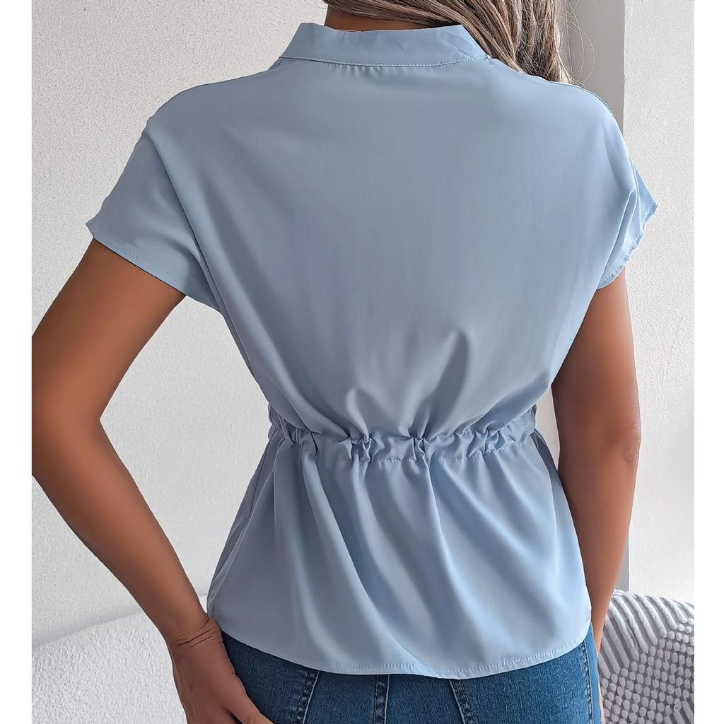 Women's Loose Casual Solid Color Button Drawstring Short Sleeved Shirt Top Short Sleeved Shirt Top