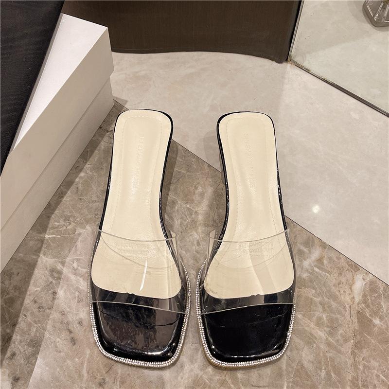 Summer New Transparent High-heeled One-word Cool Slippers Women's Outer Wear Fashion Crystal Thick-heeled Sandals Versatile and Half-mop