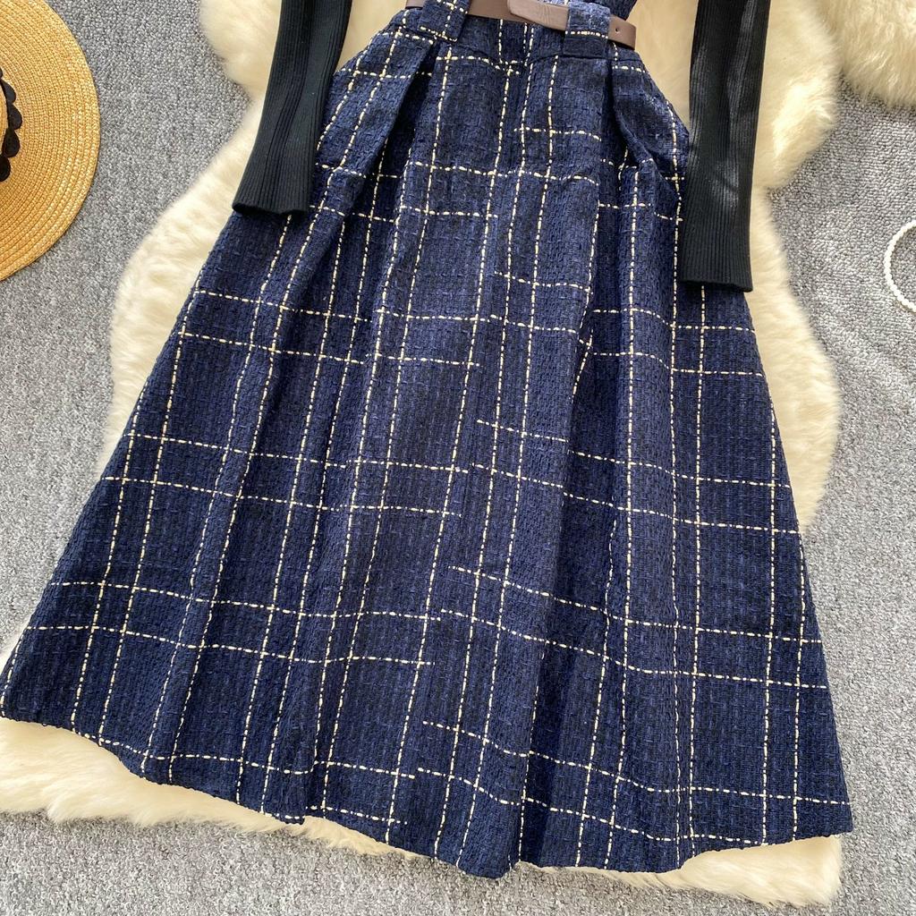 Осенне-зимний женский комплект свитер-платье, повседневный вязаный пуловер, топы + клетчатое твидовое платье, наряды из 2 предметов, женский с поясом