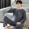 Two Pieces Set Men's Cotton Pajamas Set Long Sleeves Sleeping Top Pant Nightwear Pyjamas Young Boy Pijamas Hombre