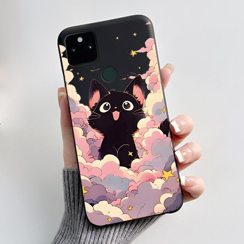 For Google Pixel 5a Soft Silicone Black Case Trendy Style Cartoon Pattern Fluffy Bunny, Milk Tea Rabbit, Rabbit Lamp Casing