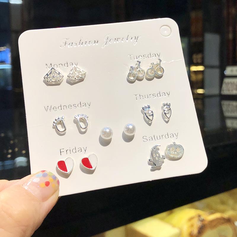 Серьги-гвоздики маленькие в корейском стиле из серебра 925 пробы для студенток - Простые, Милые, Универсальные, Набор на неделю